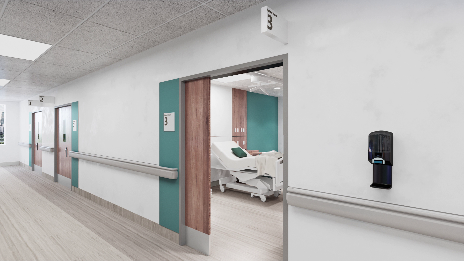 Rendering of a patient room entrance in the new St. Paul's Hospital.