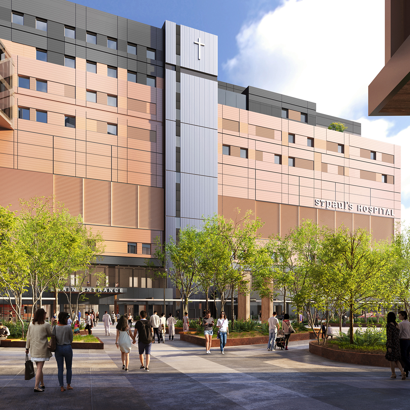 Rendering of new St. Paul's Hospital exterior, west plaza view.